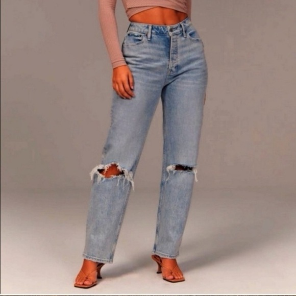 Abercrombie & Fitch High Rise Dad Jeans 2 26 Curve Love distressed light wash - Picture 1 of 13